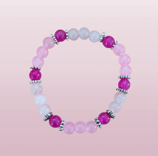 Bracelet - Large 8 inches Elastic Pink 8mm glass beads with silver metal spacer beads