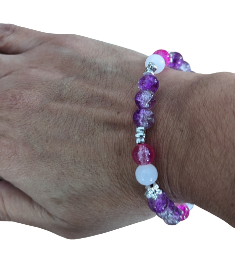Bracelet - Large 8 inches Elastic Pink & Purple 8mm glass beads with silver acrylic spacer beads