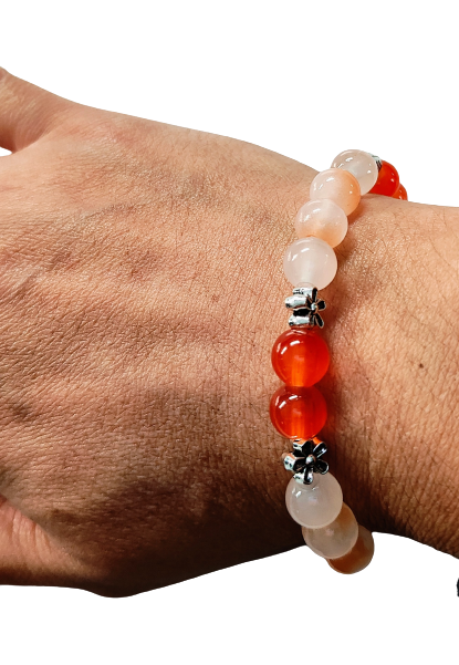 Bracelet - Elastic Orange 8mm glass beads with silver spacer beads