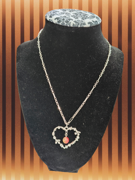 Necklace - 16.5 inches silver figaro chain with silver heart charm and glass bead