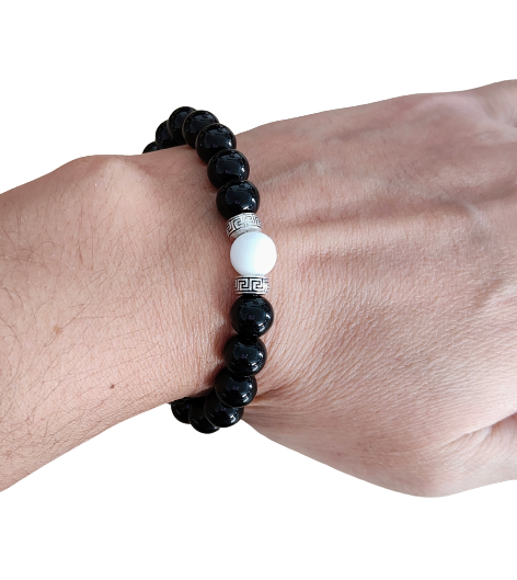 Bracelet - Elastic Black & White 8mm glass beads with silver metal spacer beads