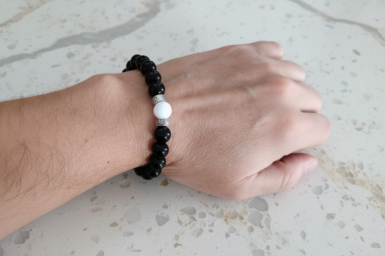 Bracelet - Elastic Black & White 8mm glass beads with silver metal spacer beads
