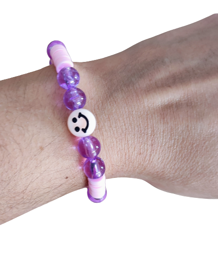 Bracelet - Elastic Pink & Purple clay & acrylic beads with gold lobster clasp