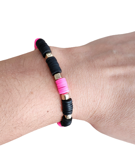 Bracelet - Elastic Black, Pink, and Gold clay & metal beads