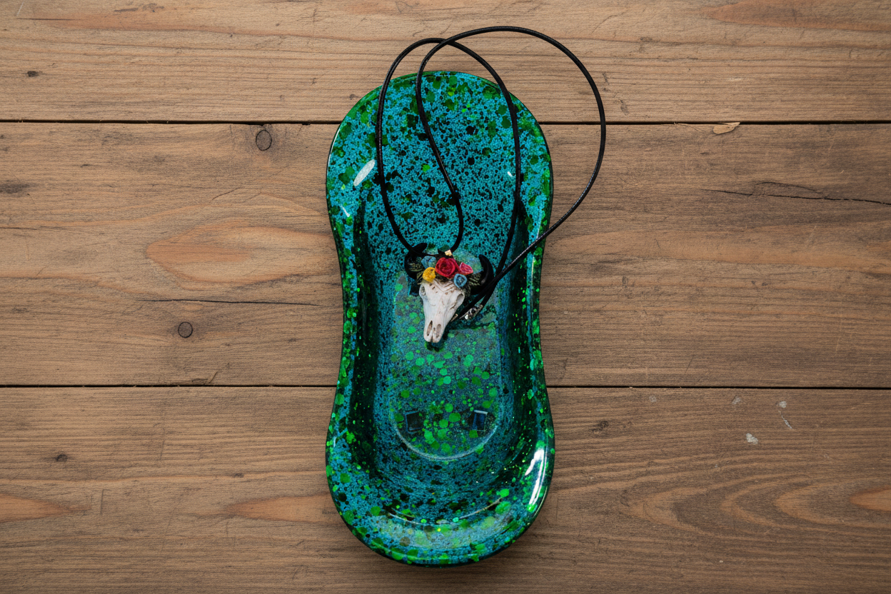 Necklace - 18 inches black leather cord with clasp with white bull with colorful flowers charm