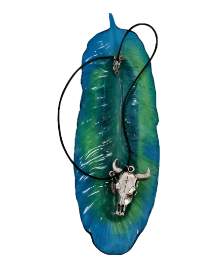 Necklace - 18 inches black leather cord with clasp with silver bull charm