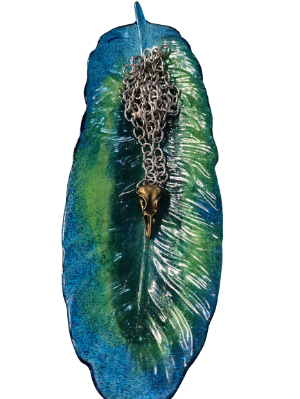 Necklace - 32 inches silver chain with bronze bird skull charm