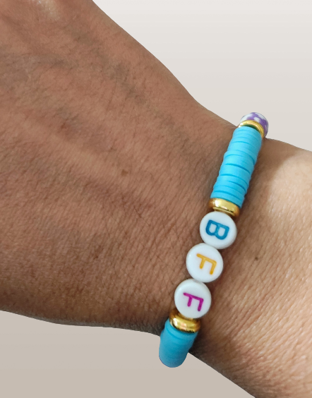 Bracelet - Elastic "BFF" with colorful clay beads and gold spacer beads