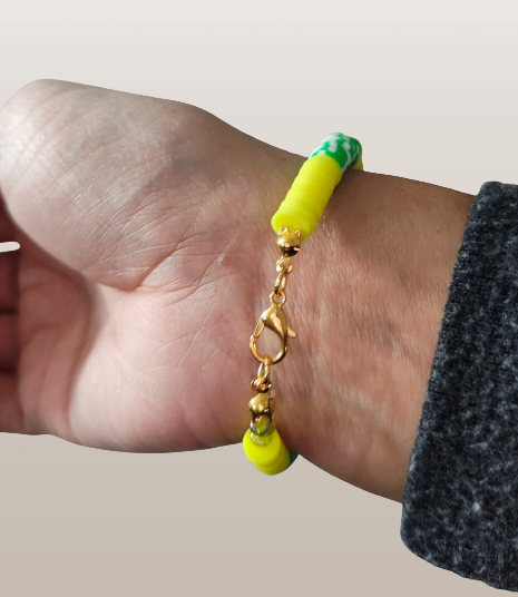 Bracelet - Small 6.5 inches elastic Kiwi, green & yellow clay beads with gold lobster clasp