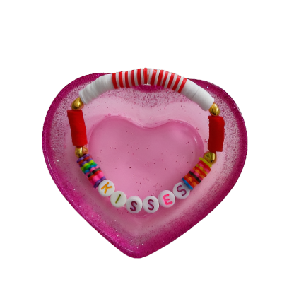Bracelet - Medium 7 inches elastic "Kisses" with red & white clay beads and gold heart spacer beads
