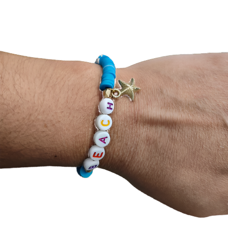 Bracelet - Small 6 inches elastic "Beach" with colorful clay beads and gold spacer beads and a starfish charm