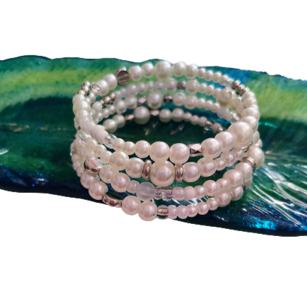Bracelet - 4 coil & 6 coil Memory wire bracelet white pearl beads with silver spacer beads