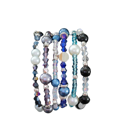 Bracelet - 6 coil black, blue & silver glass beads with white, blue & silver pearl beads and clear, purple, black & blue bicone beads and clear & blue glass seed beads with silver spacer beads memory wire bracelet