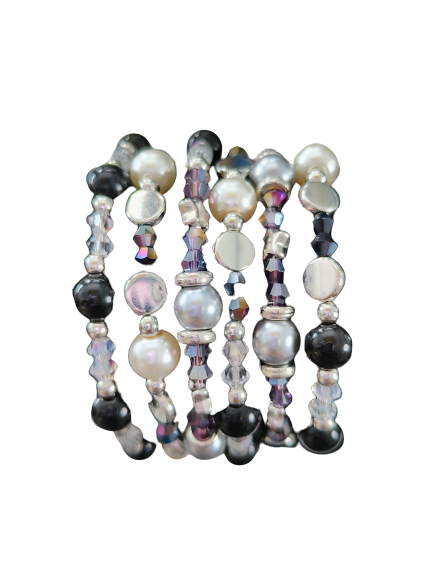 Bracelet - 6 coil black & silver glass beads with white pearl beads and clear, purple, black bicone beads with silver spacer beads memory wire bracelet