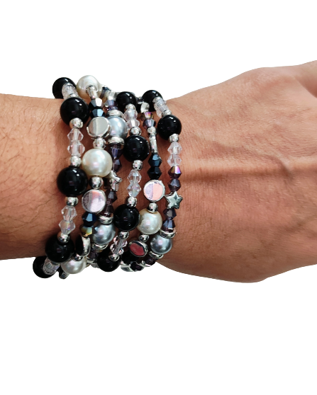 Bracelet - 6 coil black & silver glass beads with white pearl beads and clear, purple, black bicone beads with silver spacer beads memory wire bracelet