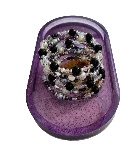 Bracelet - 6 coil black & silver glass beads with white pearl beads and clear, purple, black bicone beads with silver spacer beads memory wire bracelet