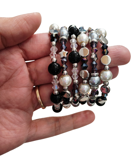 Bracelet - 6 coil black & silver glass beads with white pearl beads and clear, purple, black bicone beads with silver spacer beads memory wire bracelet