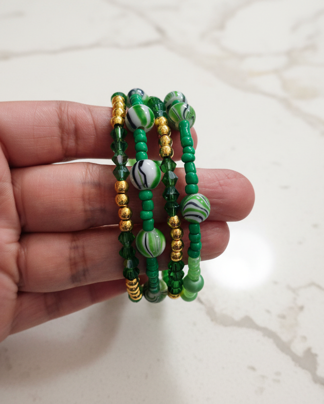 Bracelet - 4 coil Green beads with gold spacer beads memory wire bracelet
