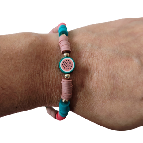 Bracelet - Large 8 inches elastic red & brown clay beads and watermelon clay bead and gold spacer beads