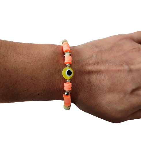 Bracelet - Medium 7 inches elastic yellow evil eye with orange & yellow clay beads and gold spacer beads