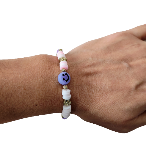 Bracelet - Elastic colorful clay beads and gold spacer beads and a happy face acrylic bead