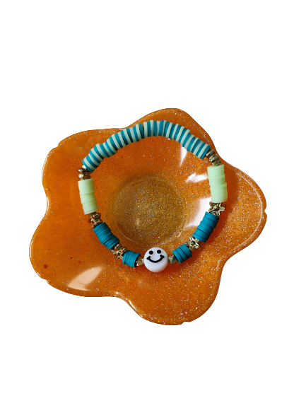Bracelet - Elastic teal & mint clay beads and gold spacer beads and a happy face acrylic bead