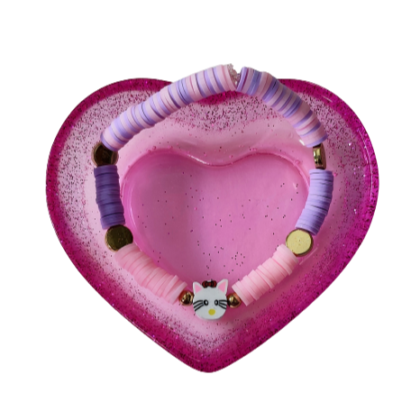 Bracelet - Elastic pink & purple clay beads with white cat clay bead and gold spacer beads