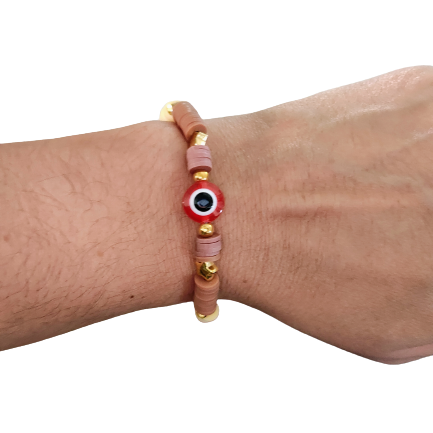 Bracelet - Small 6.5 inches elastic evil eye with clay beads and gold spacer beads