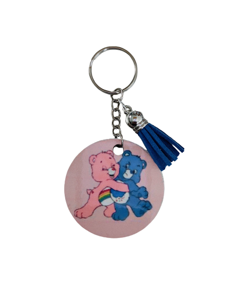 Keychain - Double sided sublimated Pink & Blue Care Bears with acrylic tassel