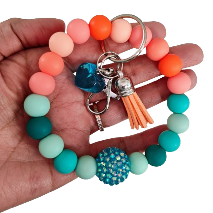 Keychain Wristlet - 12 mm colorful silicon beads with resin heart and tassel