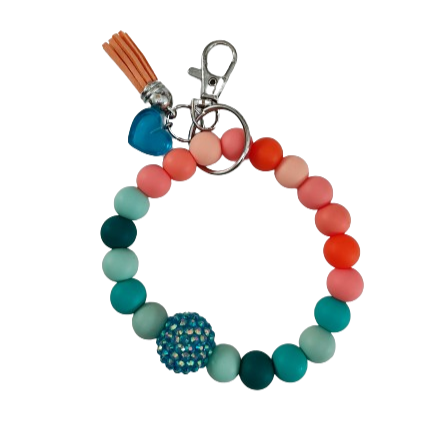 Keychain Wristlet - 12 mm colorful silicon beads with resin heart and tassel