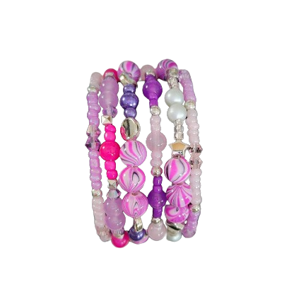Bracelet - 4 coil & 6 coil Memory wire bracelet purple & pink beads with silver spacer beads