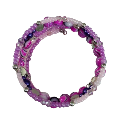 Bracelet - 4 coil & 6 coil Memory wire bracelet purple & pink beads with silver spacer beads
