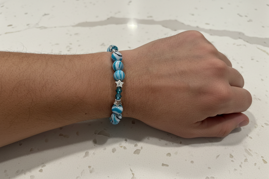 Bracelet - Small 6 inches Elastic blue 8mm beads & blue 4mm bicone beads with silver spacer beads