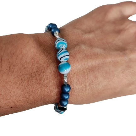 Bracelet - Large 8 inches Elastic blue 8mm & 6 mm beads with silver spacer beads