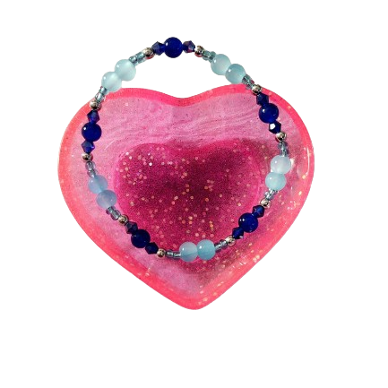 Bracelet - Elastic Blue 6mm glass beads with 4mm bicone beads and seed beads and silver beads