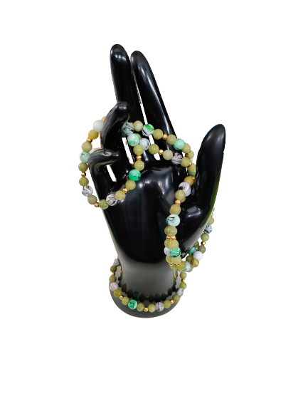 Bracelet - Elastic 6mm natural green jade with 8mm acrylic green & black ink pattern beads and gold spacer beads