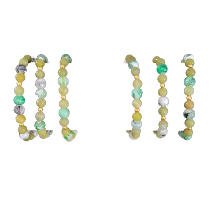 Bracelet - Elastic 6mm natural green jade with 8mm acrylic green & black ink pattern beads and gold spacer beads