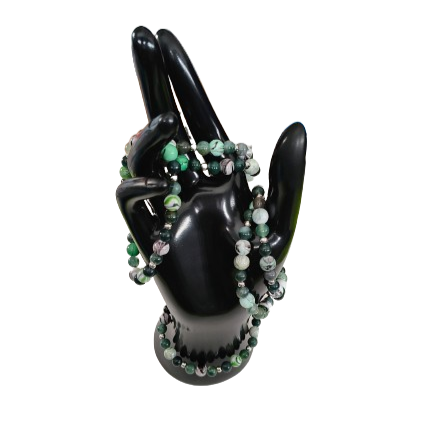 Bracelet - Elastic 6mm natural moss agate with 8mm acrylic black & green ink pattern beads and silver spacer beads