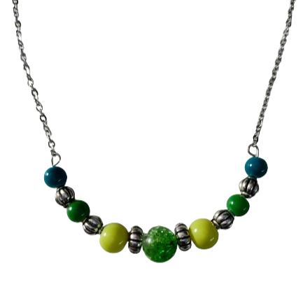 Necklace - 17 inches stainless steel link cable chain with colorful glass & acrylic beads on memory wire