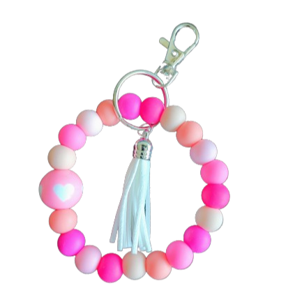 Keychain Wristlet - 12 mm colorful silicon beads with 20 mm bubblegum bead and long acrylic tassel