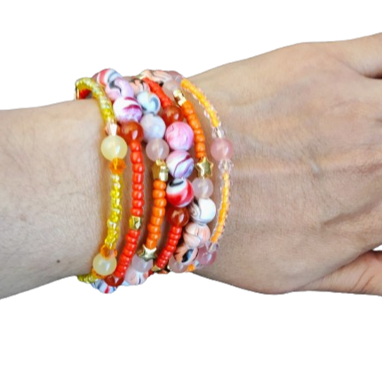 Bracelet - 4 coil & 6 coil Memory wire bracelet red orange & yellow beads with gold spacer beads
