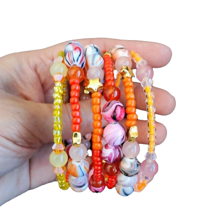 Bracelet - 4 coil & 6 coil Memory wire bracelet red orange & yellow beads with gold spacer beads