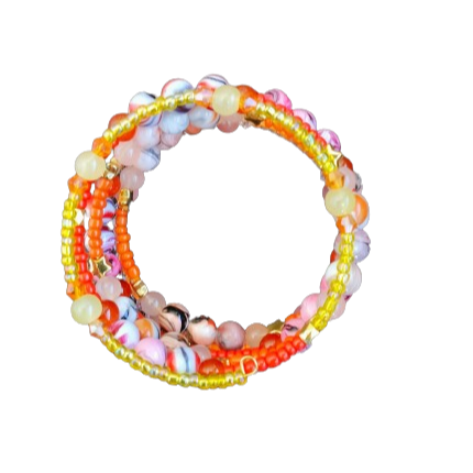 Bracelet - 4 coil & 6 coil Memory wire bracelet red orange & yellow beads with gold spacer beads