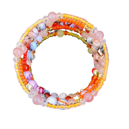 Bracelet - 4 coil & 6 coil Memory wire bracelet red orange & yellow beads with gold spacer beads