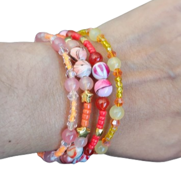 Bracelet - 4 coil & 6 coil Memory wire bracelet red orange & yellow beads with gold spacer beads