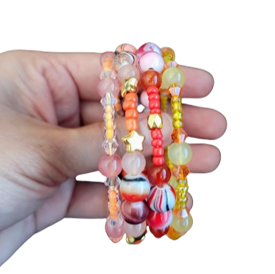 Bracelet - 4 coil & 6 coil Memory wire bracelet red orange & yellow beads with gold spacer beads