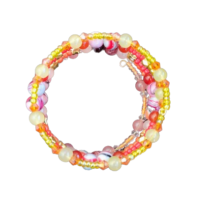 Bracelet - 4 coil & 6 coil Memory wire bracelet red orange & yellow beads with gold spacer beads