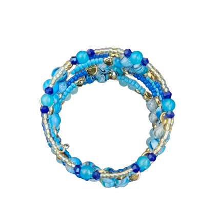 Bracelet - 4 coil & 6 coil Memory wire bracelet blue & yellow beads with gold spacer beads