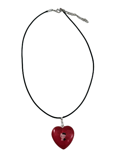 Necklace - 17.5 inches black waxed cord with resin heart hello kitty pendant